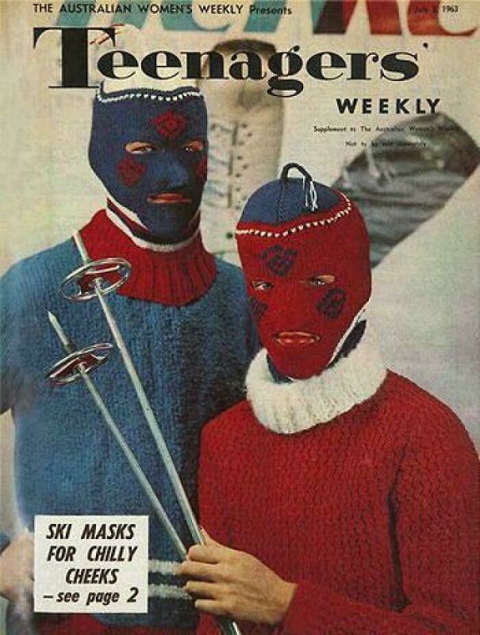 Vintage magazine cover showing two people in knitted ski masks and sweaters holding ski poles, highlighting ridiculous pics from the past.