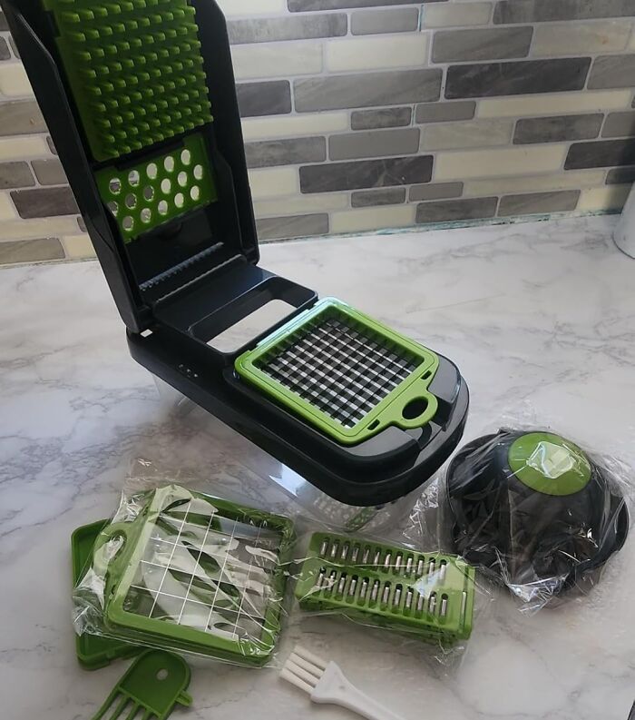 Kitchen gadget set with multiple green blades and slicers, ideal for your kitchen Prime Day wishlist essentials.