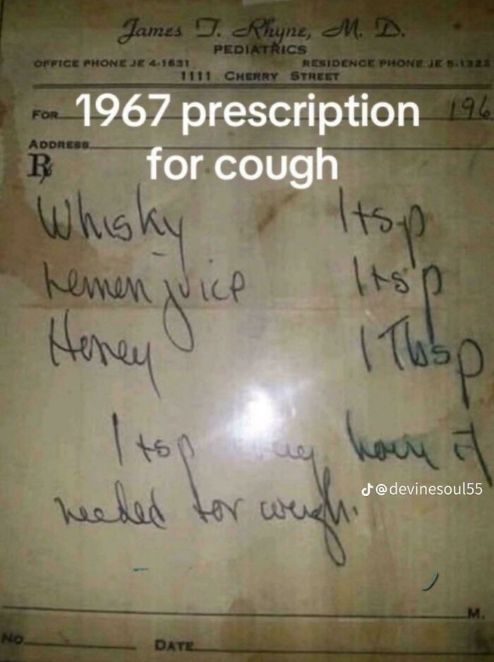 Handwritten 1967 prescription for cough remedy with whisky, lemon juice, and honey shown on old paper.