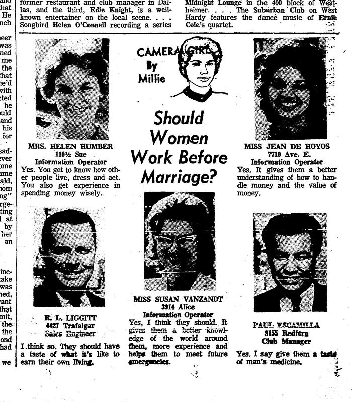 Black and white vintage newspaper clipping questioning if women should work before marriage with photos and opinions from people.