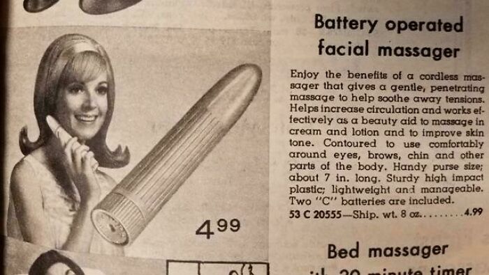 Vintage battery operated facial massager ad showing a woman holding a beauty device from ridiculous past pics.