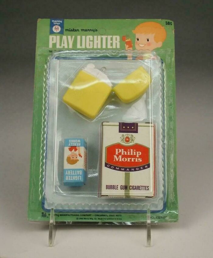 Vintage play lighter toy set with bubble gum cigarettes, showcasing ridiculous pics from the past that would never fly today.
