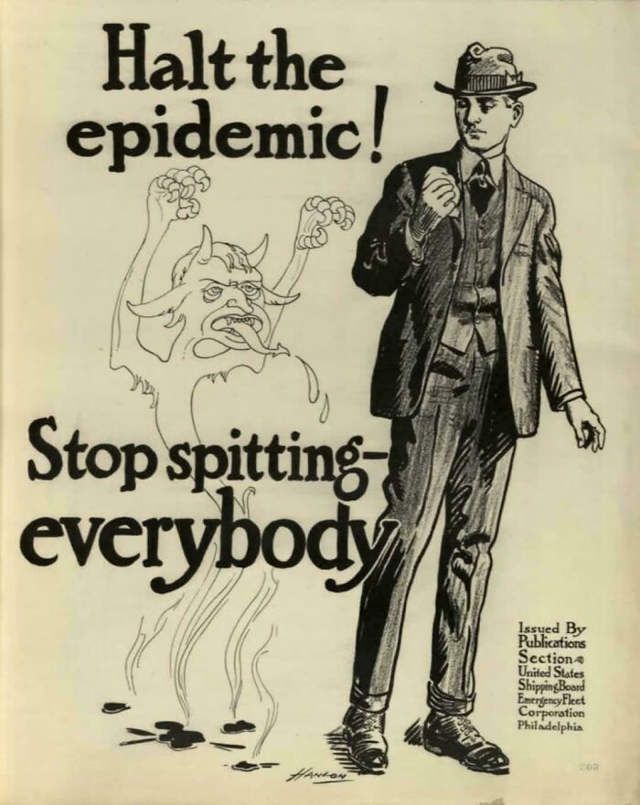 Vintage public health poster from the past warning to stop spitting to halt the epidemic, illustrating ridiculous pics from history.