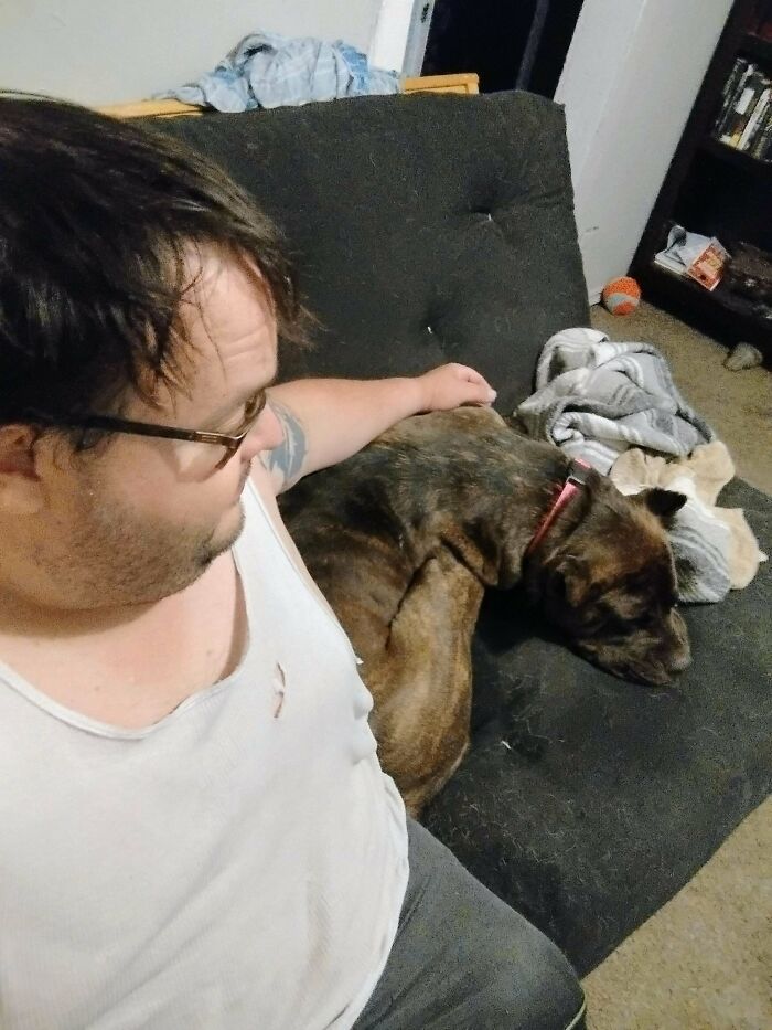 Man wearing glasses sitting next to a dog on a couch, showing a wholesome adoption moment at home.