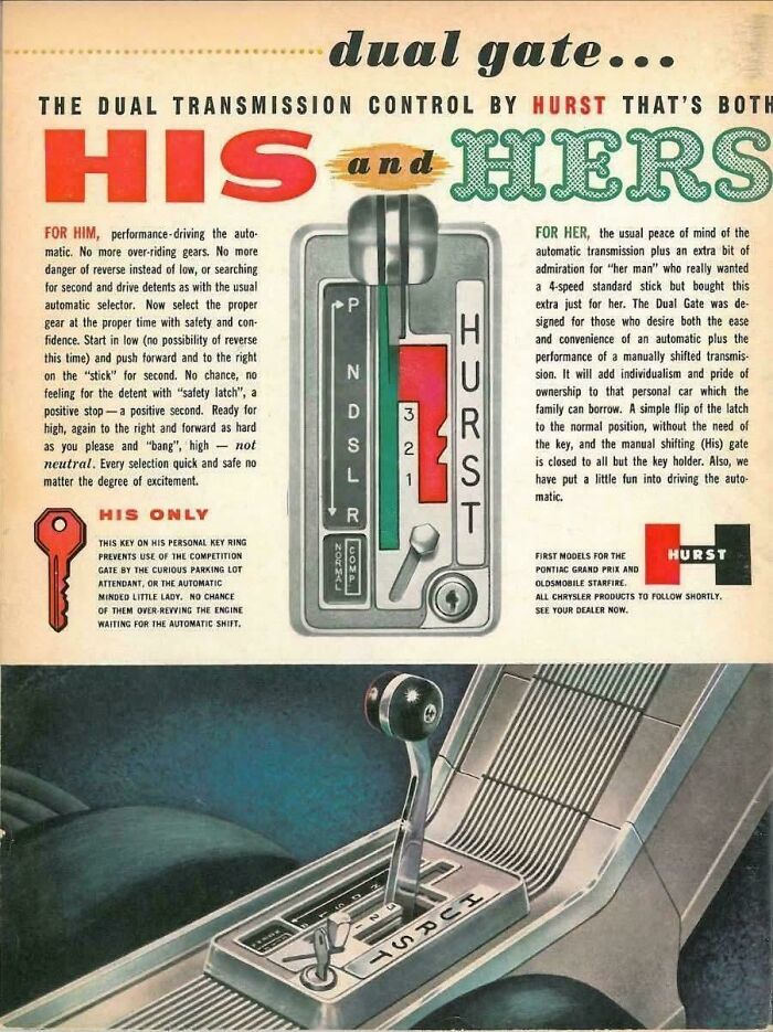 Vintage car transmission control ad showing Hurst dual gate shifter, a ridiculous pic from the past that would never fly today.
