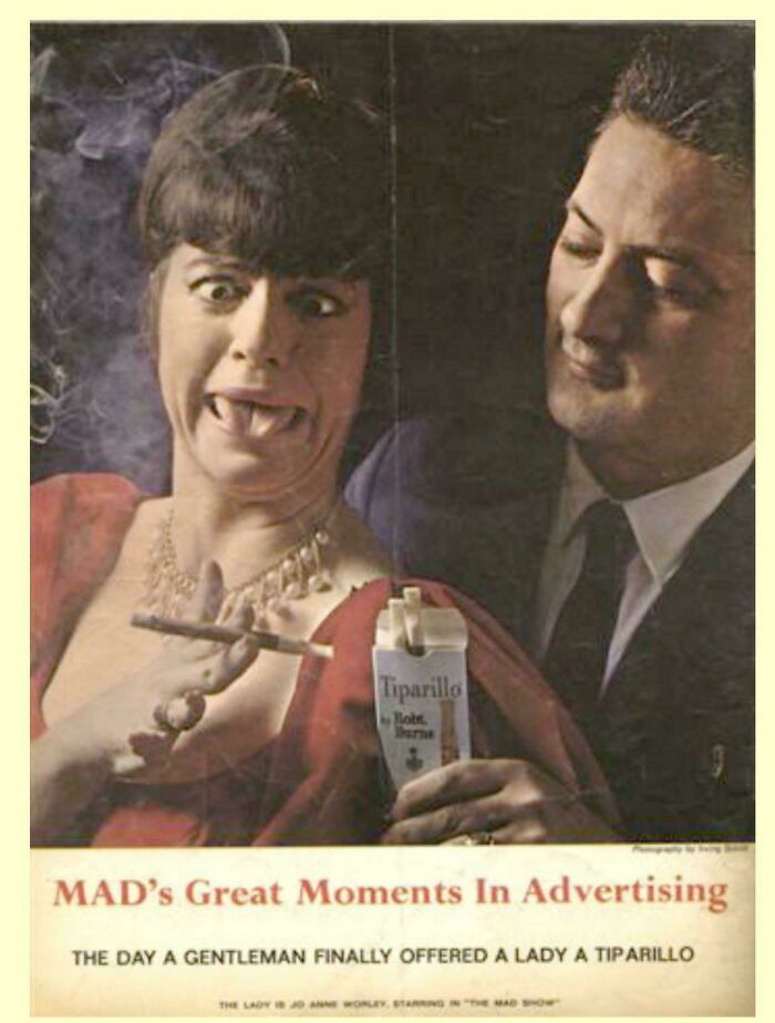 Woman making a shocked face as a man offers her a Tiparillo cigar in a ridiculous vintage advertising moment.
