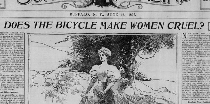 Vintage newspaper clipping from 1897 showing a woman with a bicycle, highlighting ridiculous pics from the past.