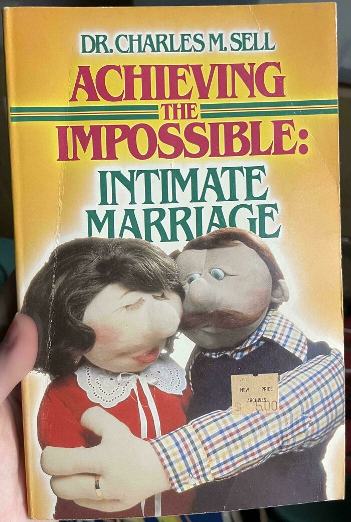 Vintage book cover showing puppets in an intimate marriage pose, illustrating ridiculous pics from the past concept.