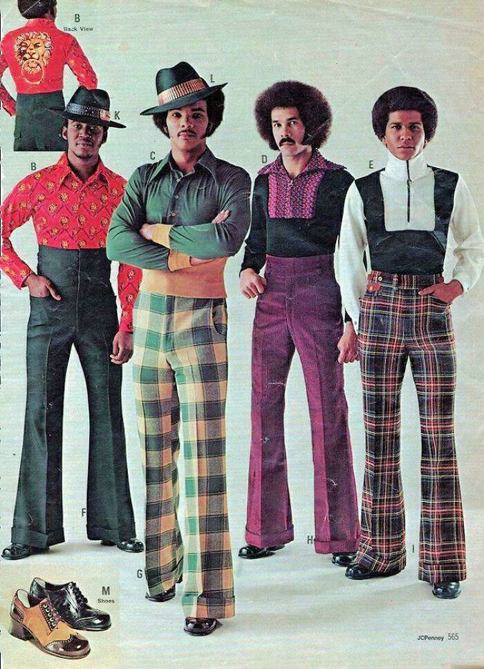 Four men in 1970s vintage fashion with plaid and patterned bell-bottom pants, showcasing ridiculous past style trends.