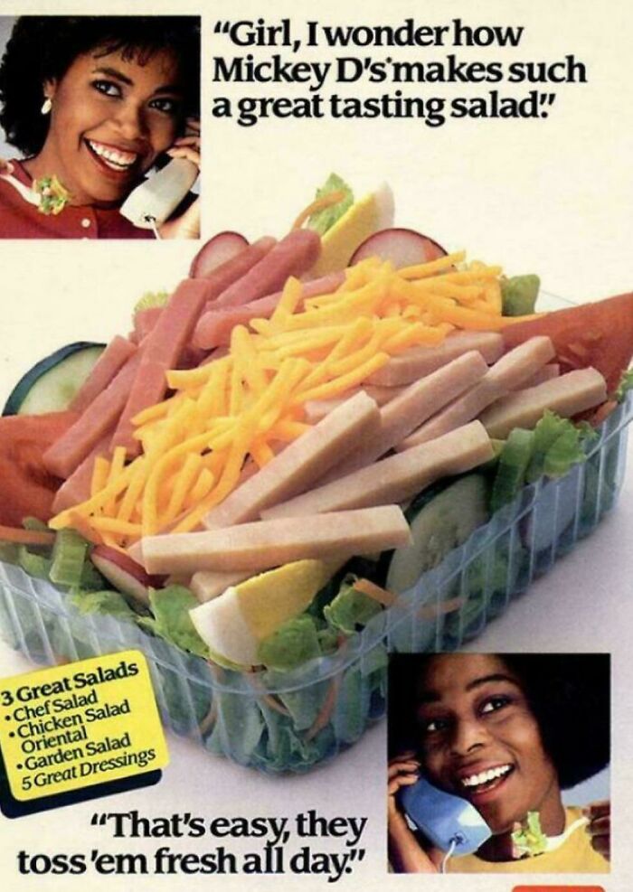 Vintage advertisement showing a large salad with deli meats and cheese, highlighting ridiculous pics from the past.