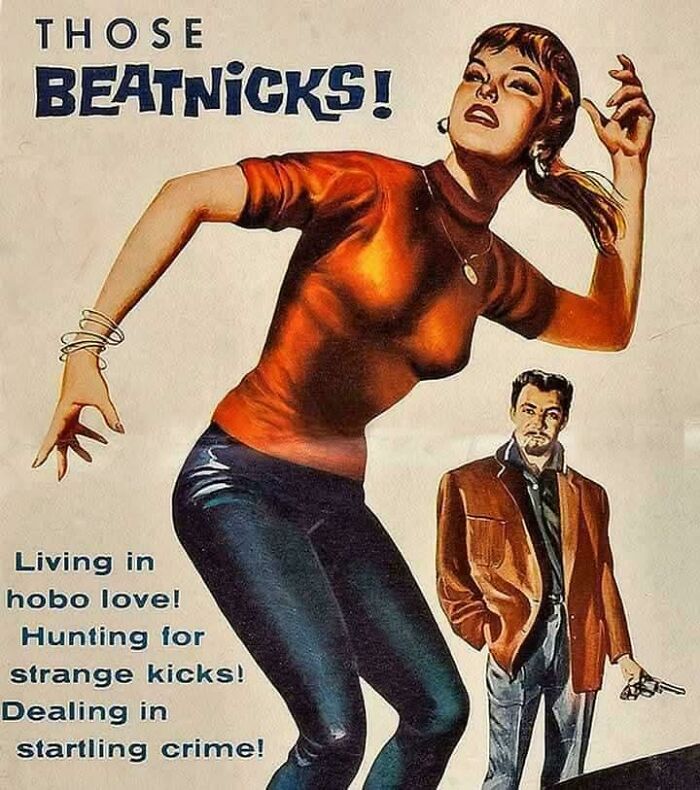 Vintage poster featuring a woman and man with bold text about beatnicks, reflecting ridiculous pics from the past.