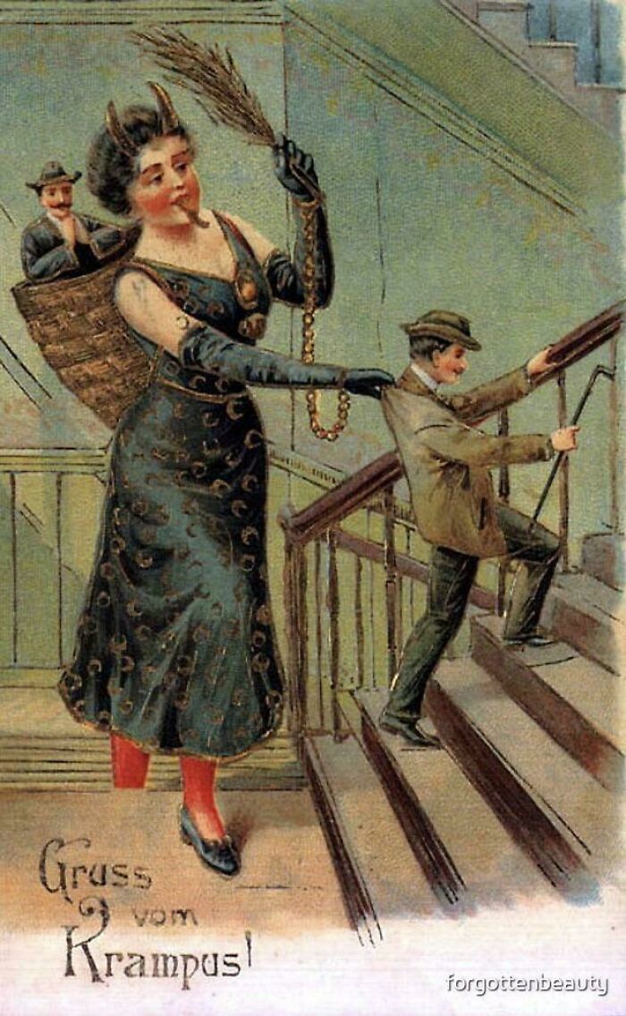 Vintage illustrated ridiculous pic showing a woman with a small man in a basket and a man climbing stairs, from the past.