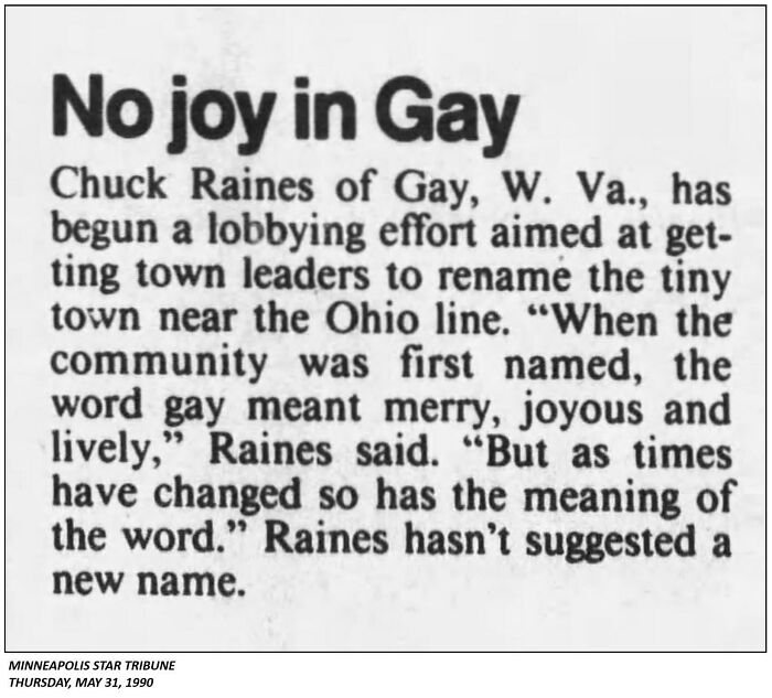 Newspaper clipping about changing the town name of Gay, West Virginia, reflecting on shifting word meanings in ridiculous pics from the past.