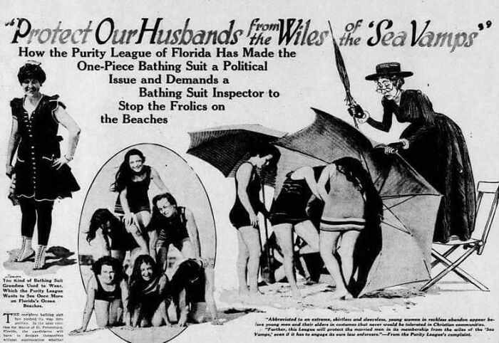 Vintage black and white photo showing early 20th-century one-piece bathing suits and social protest about beach attire.