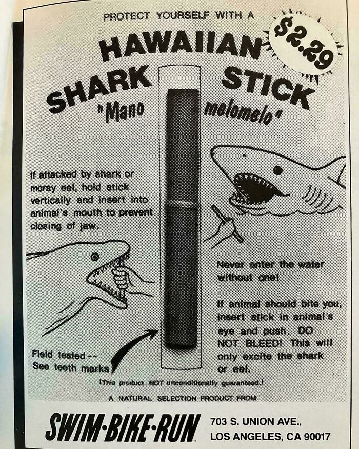 Vintage Hawaiian shark stick ad claims to protect from shark attacks by inserting stick into the animal's mouth or eye.