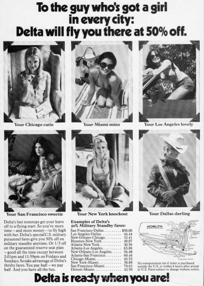 Vintage Delta Airlines military standby ad featuring women from different cities, illustrating ridiculous pics from the past travel culture.