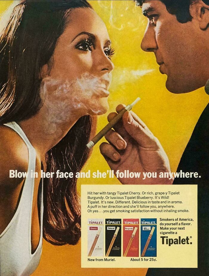 Vintage smoking advertisement showing a man blowing smoke in a woman's face, illustrating ridiculous pics from the past.