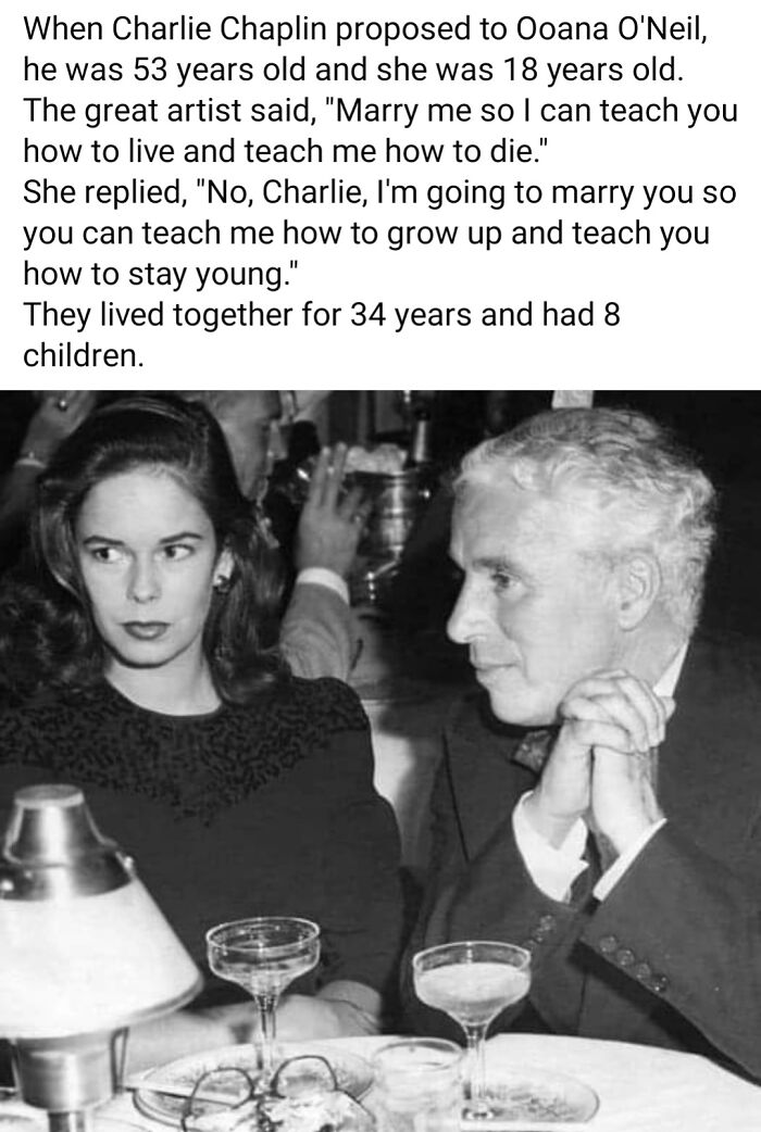 Black and white photo of Charlie Chaplin and Oona O'Neil at dinner, a ridiculous pic from the past that would never fly today.