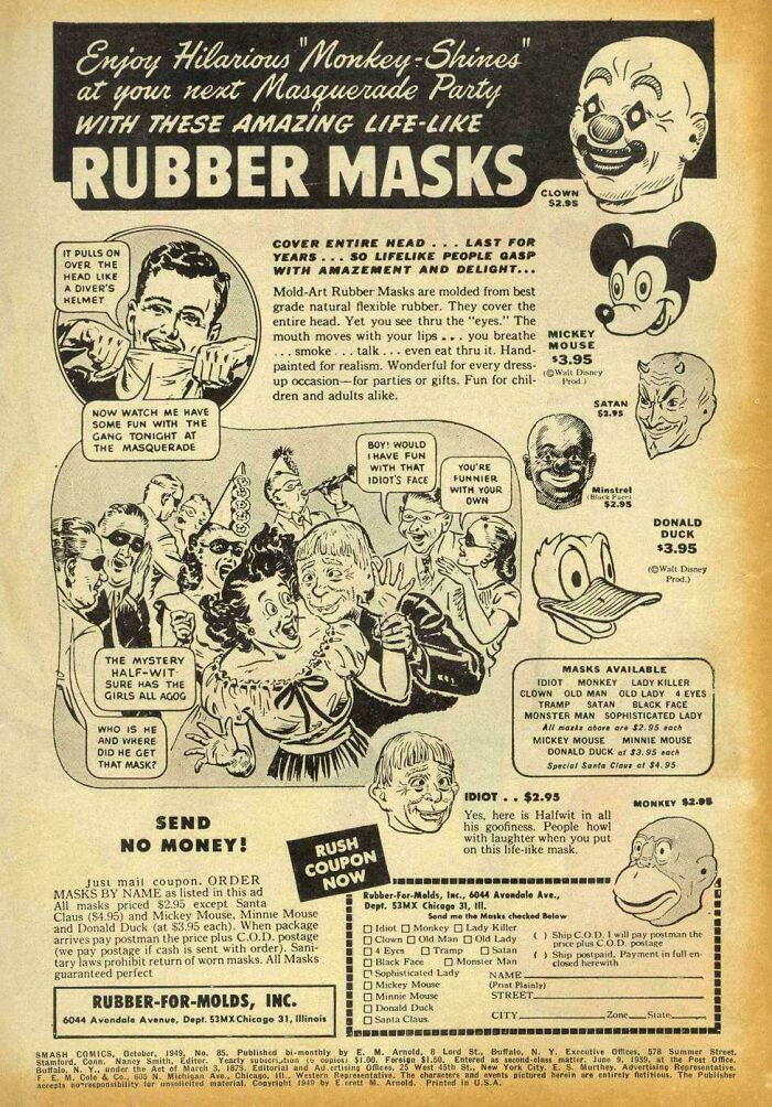 Vintage ad showcasing life-like rubber masks for parties, highlighting classic characters and quirky designs from the past.
