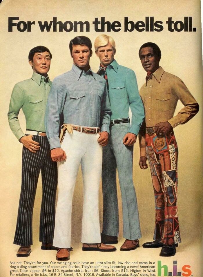 Vintage fashion ad showing four men wearing 1970s style bell-bottom pants and colorful shirts, a ridiculous pic from the past.