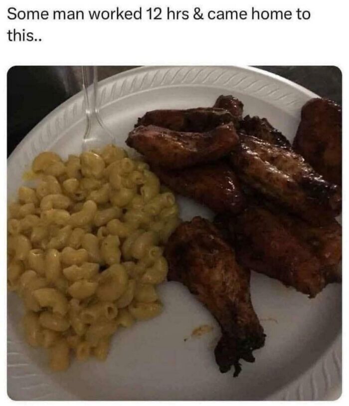 Plate of macaroni and cheese and several grilled chicken wings with text about working 12 hours in Explain The Joke meme.