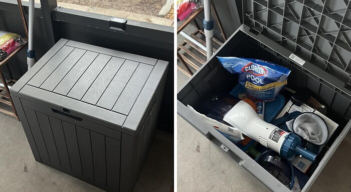 Outdoor storage box in gray with various pool supplies inside, featured in popular Amazon wishlist finds.