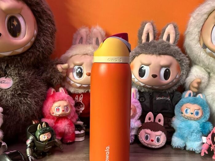 Orange Owala water bottle surrounded by cute collectible monster toys featured on Amazon wishlist finds.