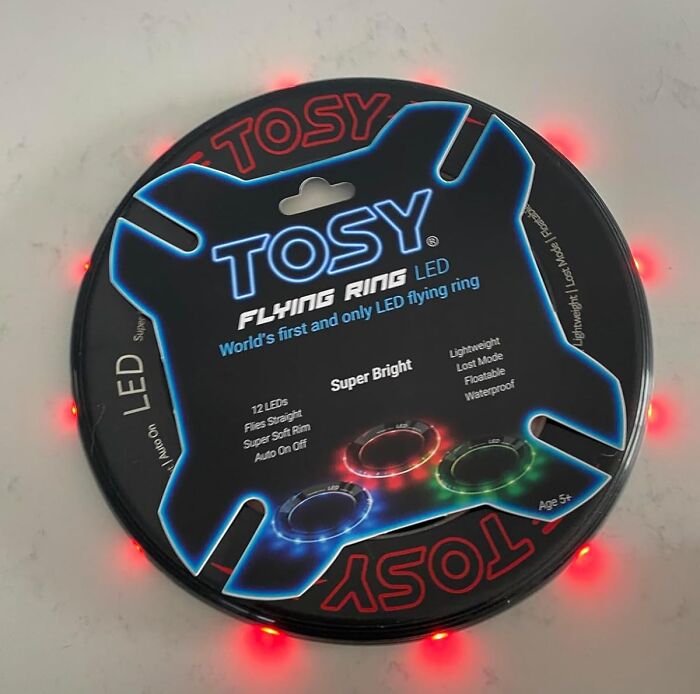 TOSY LED flying ring with super bright lights, lightweight design, and waterproof features on a popular Amazon wishlist.