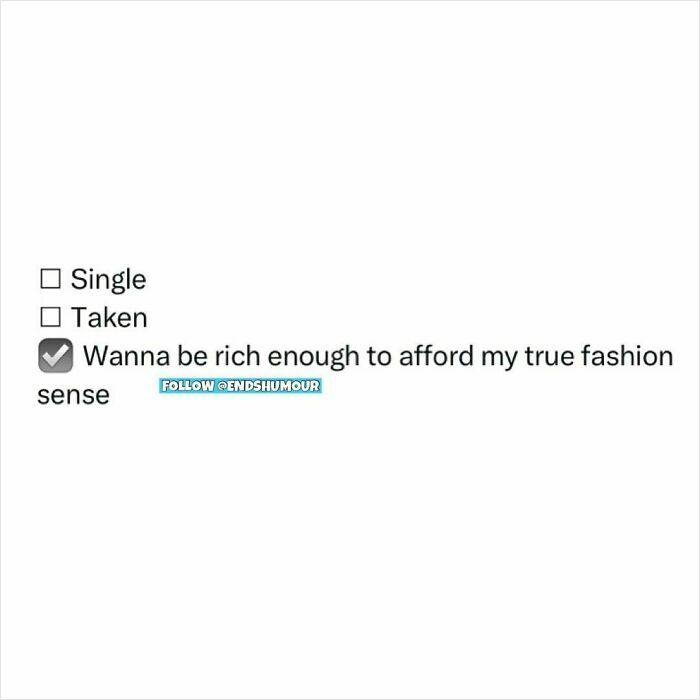 Checkbox list with options Single, Taken, and a checked box for wanting to be rich enough to afford true fashion sense, Ends Humour style.