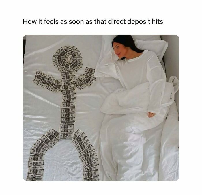 Woman lying on bed smiling at a stick figure made of money, illustrating feeling seen in circle of idiots memes.