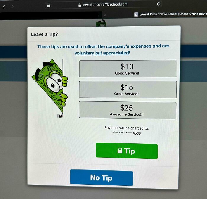 Digital tipping screen showing high voluntary tip options highlighting how ridiculous tipping culture has gotten