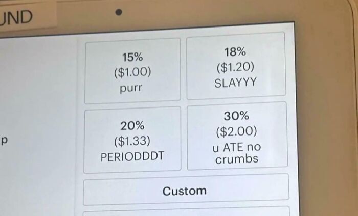 Tipping culture shown with custom tip percentages and playful labels highlighting how ridiculous it has become.