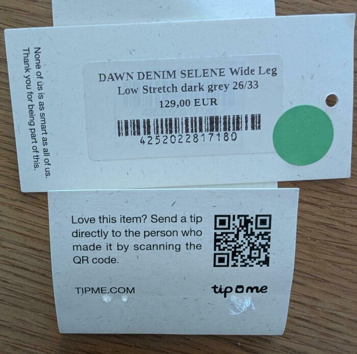 Clothing price tag with QR code encouraging tipping the maker, illustrating ridiculous tipping culture in photos.