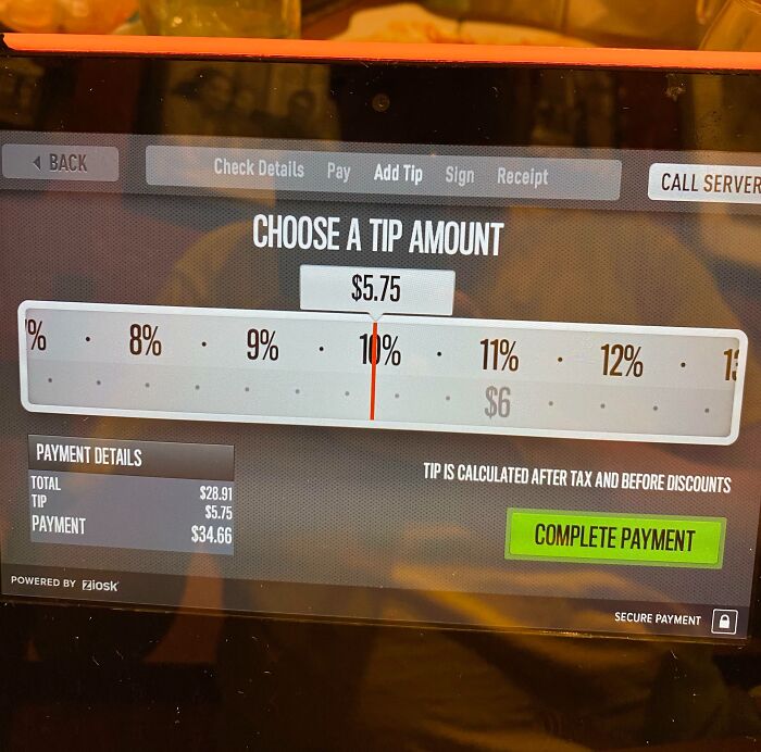 Digital payment screen showing a confusing tipping interface with multiple percentage options highlighting tipping culture issues.