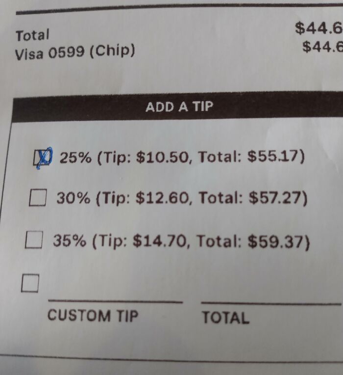 Receipt showing tipping options with 25%, 30%, and 35% tips, illustrating the ridiculous tipping culture trend.