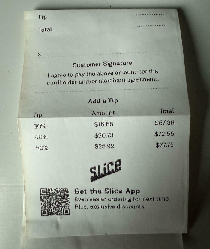Receipt showing tipping options with 30%, 40%, and 50% amounts highlighting ridiculous tipping culture.