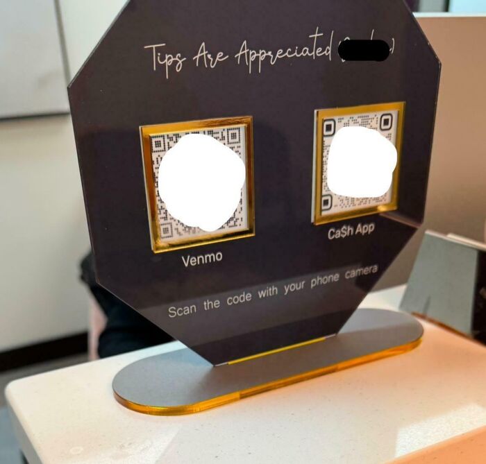 QR code tip payment sign showing Venmo and Cash App options highlighting ridiculous tipping culture trends