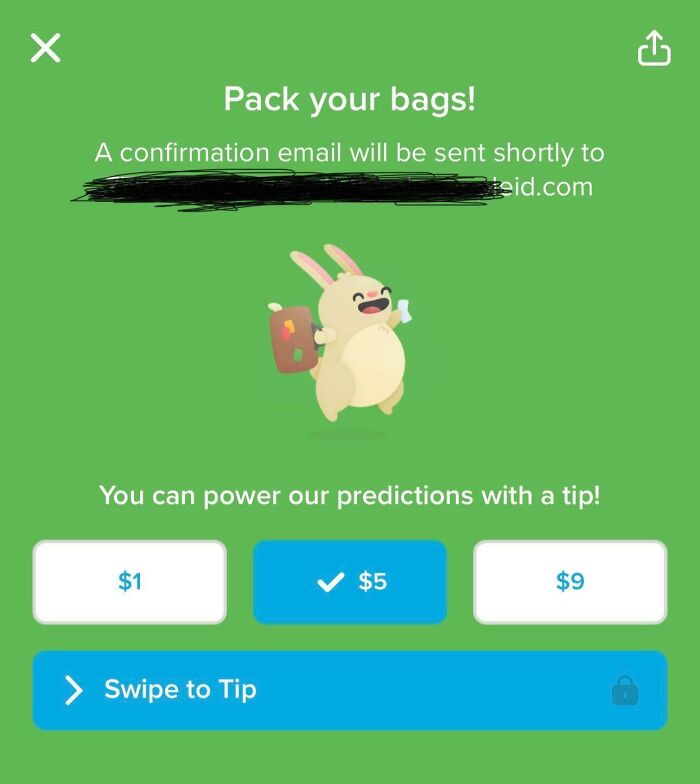 App screen with tipping options showing $1, $5, and $9 to power predictions, highlighting ridiculous tipping culture.