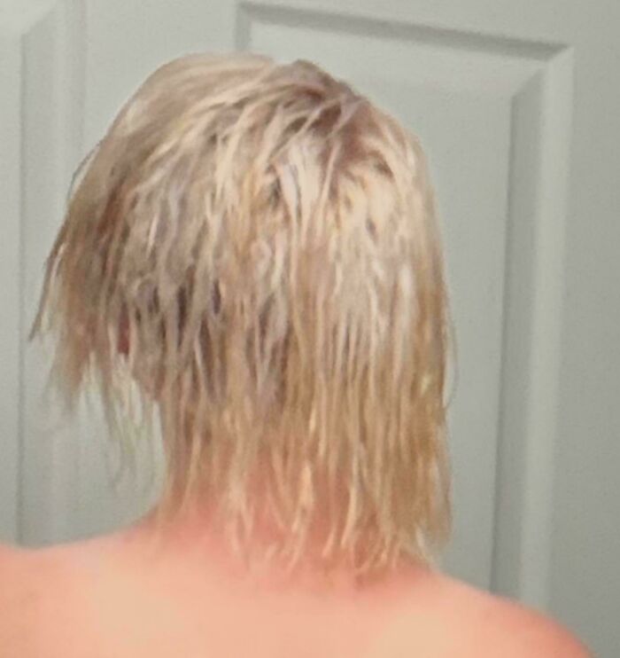 Person with wet, unevenly bleached hair from the back, showing a salon glow-up gone wrong with a breakdown.