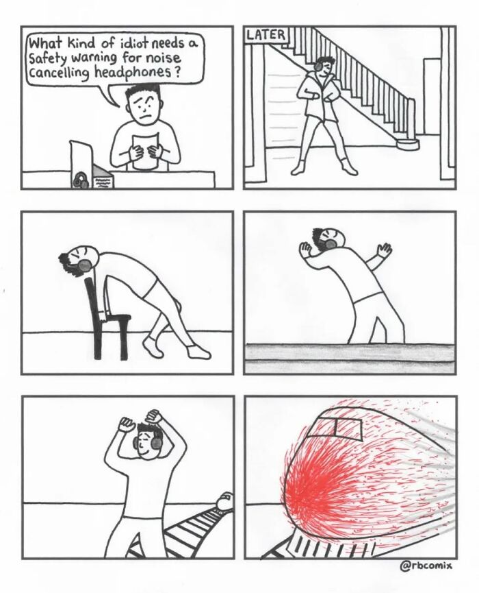 Comic by Rustedboot Comics showing a man with noise cancelling headphones ignoring a train crash in dark humor style.