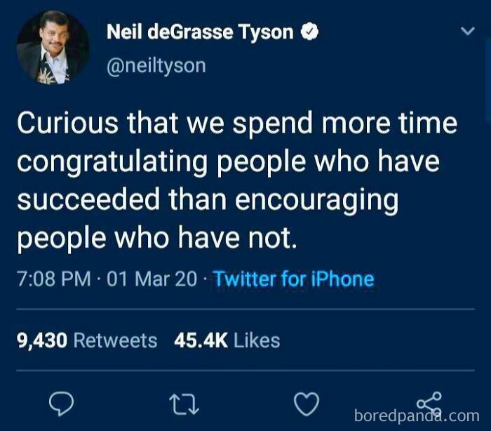 Neil deGrasse Tyson tweet about success and encouragement, featured in physics is fun memes to keep brain sharp.