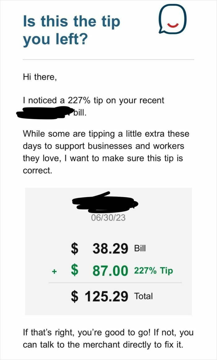 Screenshot showing a 227% tip on a restaurant bill, illustrating how ridiculous tipping culture has gotten.