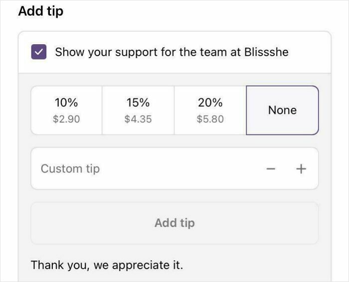 Tip screen showing preset and custom options highlighting how ridiculous tipping culture has gotten in modern transactions