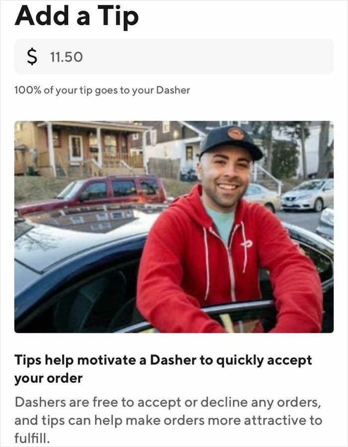 Screen showing $11.50 tip added to motivate delivery Dasher, highlighting the impact of tipping culture.