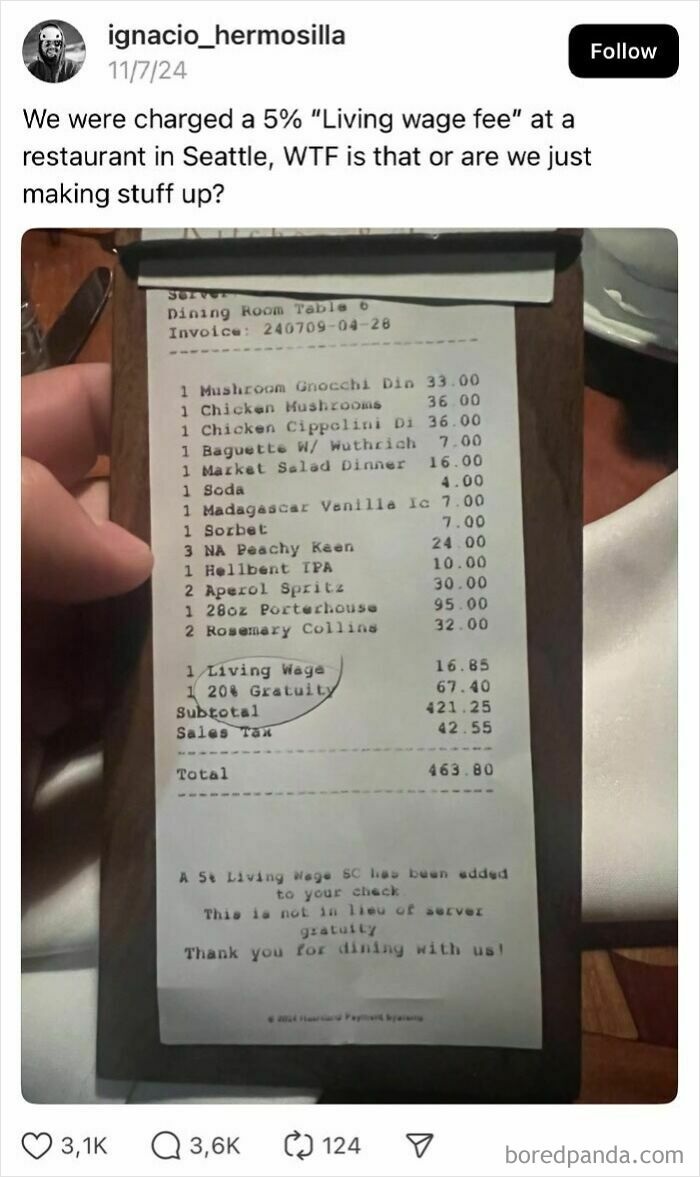 Restaurant receipt showing a 5% living wage fee and 20% gratuity, highlighting how ridiculous tipping culture has gotten.