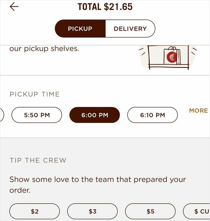 Mobile app screen showing tipping options for pickup order totaling $21.65, highlighting ridiculous tipping culture.