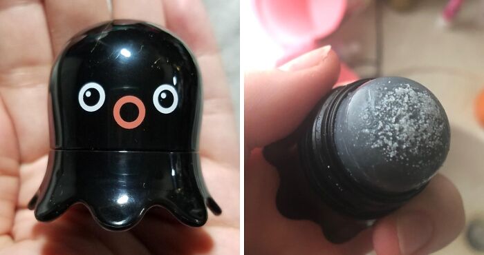 Black octopus-shaped beauty product container held in hand alongside close-up of product tip with powder residue for beauty buys.