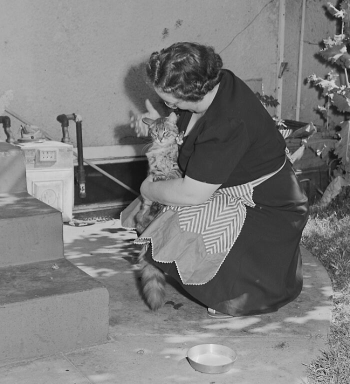1940s housewife wearing apron holding a cat outside a house, capturing iconic photos of housewives in that era.
