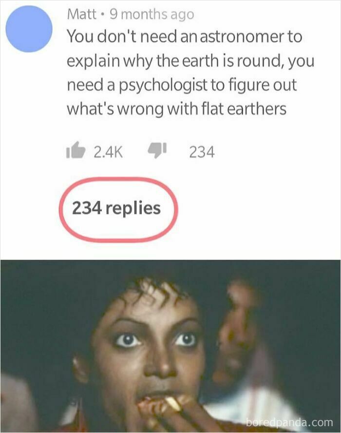 Comment about flat earthers with 234 replies above a surprised person eating popcorn, physics is fun meme.