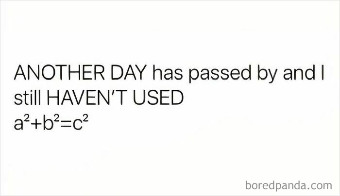 Text meme reading another day has passed by and I still haven’t used a squared plus b squared equals c squared physics is fun meme.